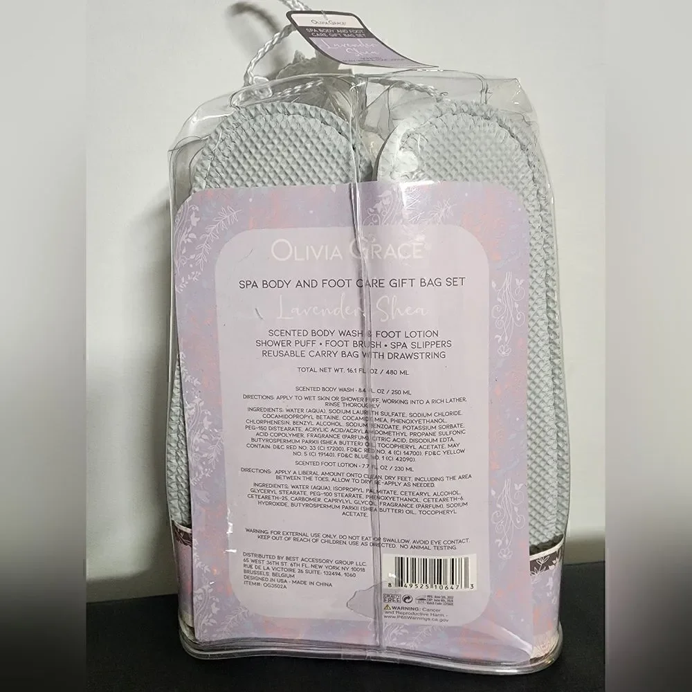 Olivia Grace Spa Body and Foot Care Gift Bag Set Lavender Shea Slippers